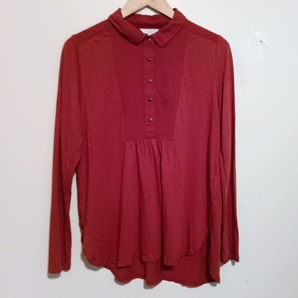 Lucky Brand Collared Popover Blouse-Small-Half Placket Henley-High Low Hem